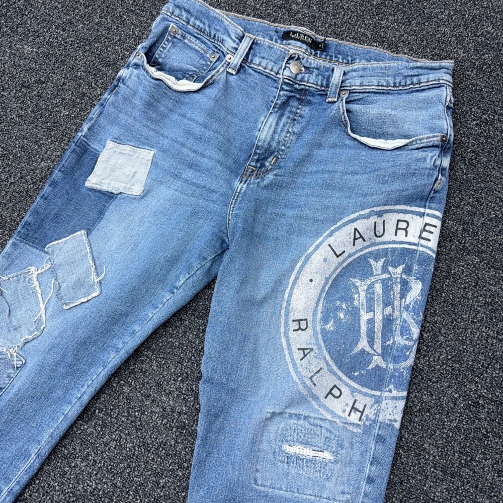Lauren Ralph Lauren Womens Patchwork Logo Crest Straight Leg Jeans Blue Size 10 - Picture 10 of 11